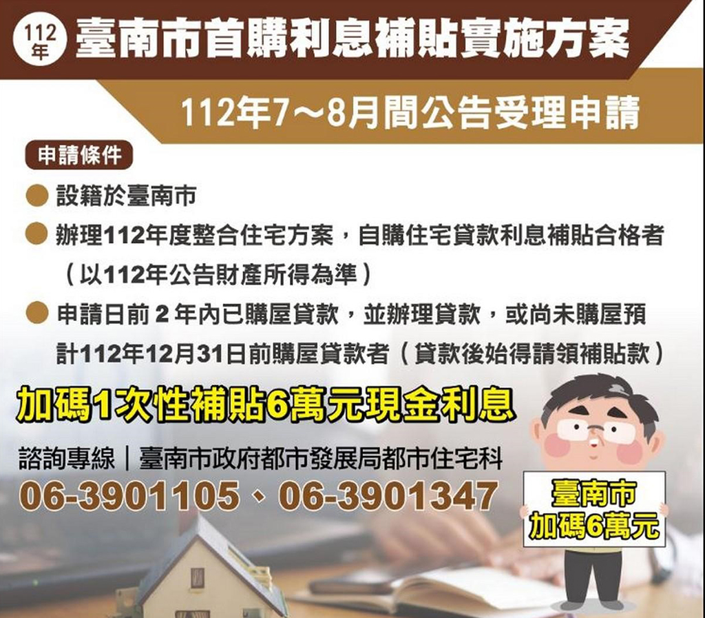 台南首購族加碼補貼6萬元利息